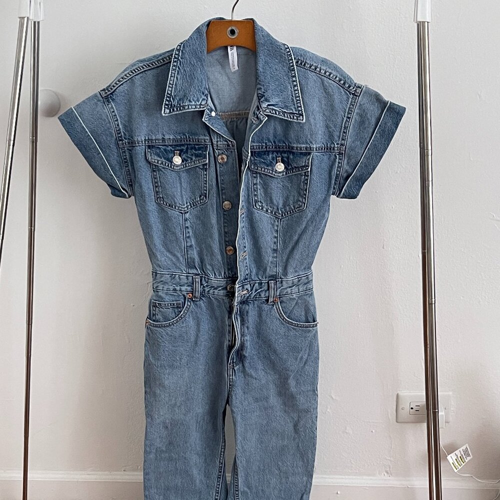 ZARA Denim Boiler Jumpsuit | Short Sleeve Utility Jumpsuit | Full Length | XS
